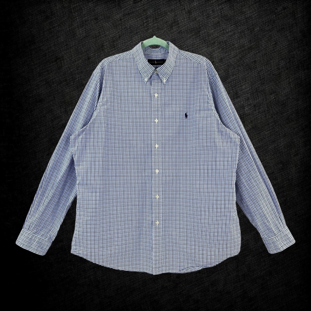 Ralph Lauren Shirt Mens XL Blue Plaid Regular Fit Long Sleeve Blue Pony Cotton